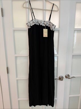 Black Maxi Slip Dress with White Lace Trim